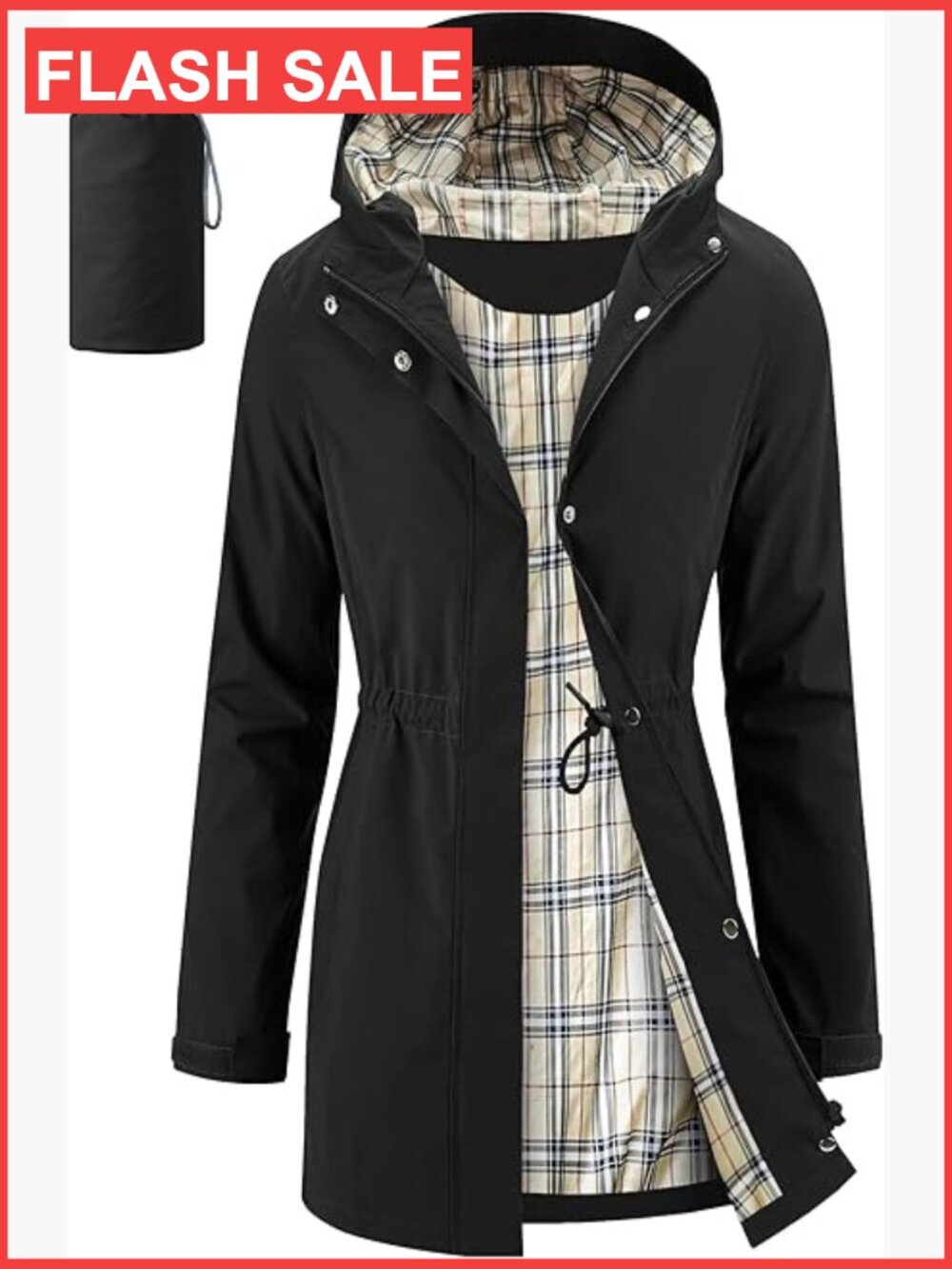 Packable Long Raincoat Hooded Plaid Lined Trench Waterproof Windproof